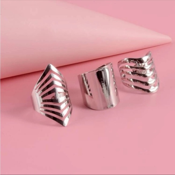 3-Piece Silver Cuff Ring Set, Adjustable - Picture 2 of 4
